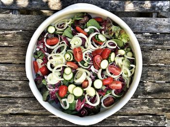 Directly above shot of salad in bowl on wooden table