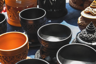 Empty ornate bowls on table