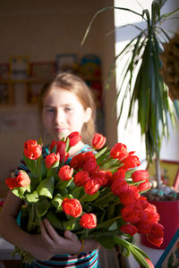 Close-up of woman holding red tulips