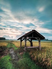 Built structure on field against sky