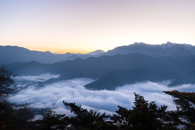 Scenic view of mountains against sky during sunset