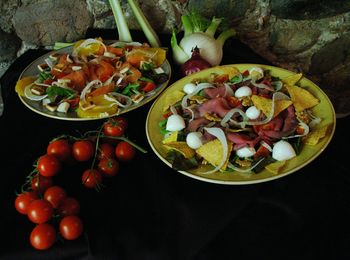 High angle view of fruits in bowl on table