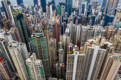 High angle view of modern buildings in city