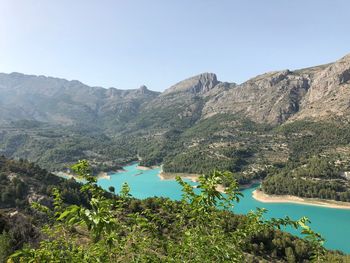 Scenic view of lake and mountains against clear sky