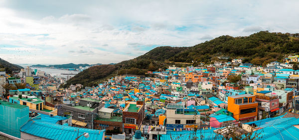 High angle shot of townscape against sky