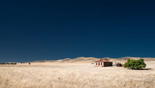 Houses on field against clear blue sky