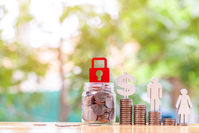 Close-up of coins on table