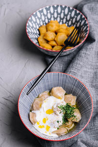 High angle view of food in bowl on table