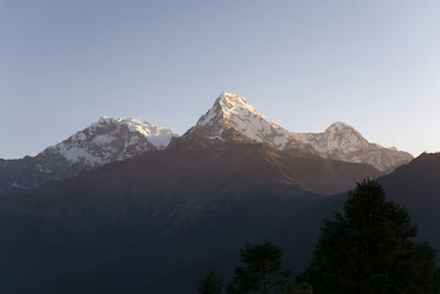 Scenic view of snowcapped mountains against clear sky