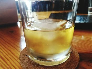 Close-up of beer in glass on table