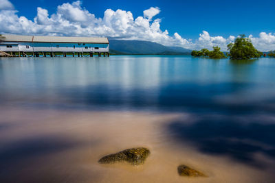 Scenic view of lake against cloudy sky