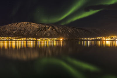 Reflection of aurora borealis in water at night
