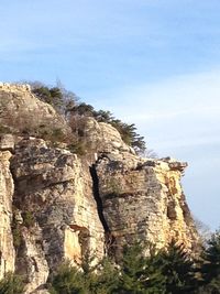 Low angle view of rocky mountains against sky