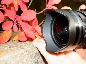 Close-up of camera on rock