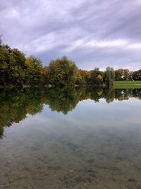 Reflection of trees in lake against sky