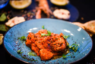 High angle view of food in plate on table