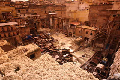 High angle view of traditional leather tanning area by buildings