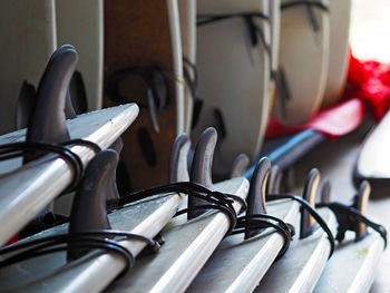 Close-up stack of surfboards