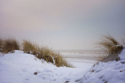 Scenic view of snow covered land against sky