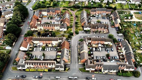 High angle view of street amidst buildings in city