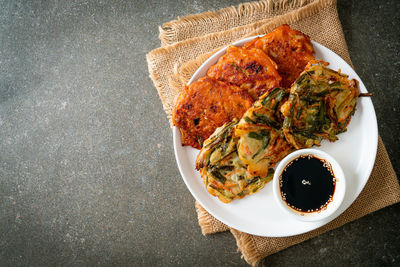 High angle view of food in plate on table