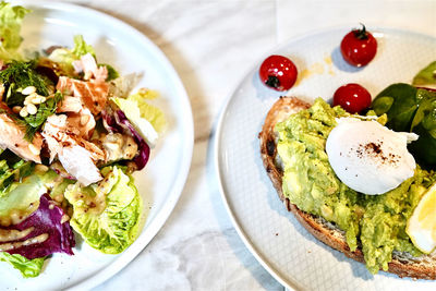 High angle view of breakfast served on table