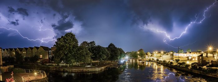 Panoramic view of lightning over buildings in city