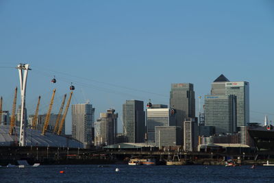 City skyline by river against clear blue sky