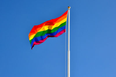 Low angle view of flag against clear blue sky