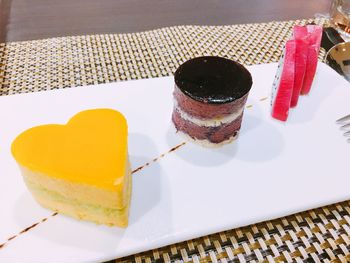 High angle view of cake in plate on table