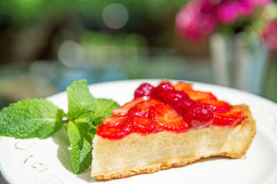 Close-up of dessert served on table