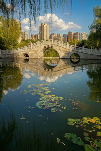 Bridge over lake against sky