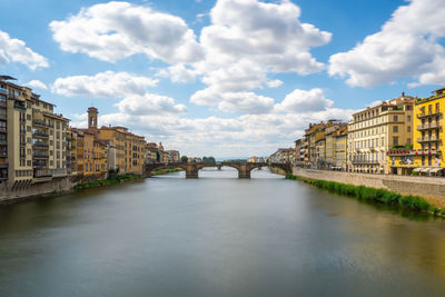 Arch bridge over river against buildings in city