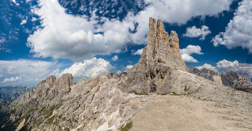 Low angle view of rocks on land against sky