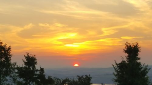 Scenic view of silhouette trees against romantic sky at sunset