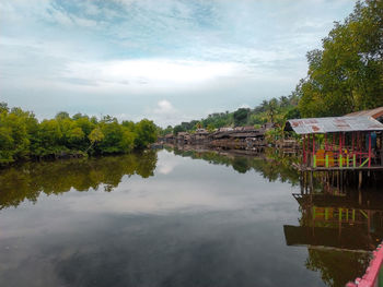 Scenic view of lake by building against sky