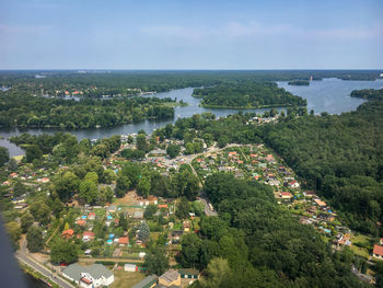Aerial of berlin wirth districts of spandau and reinickendorf with lake tegel on a sunny summer day