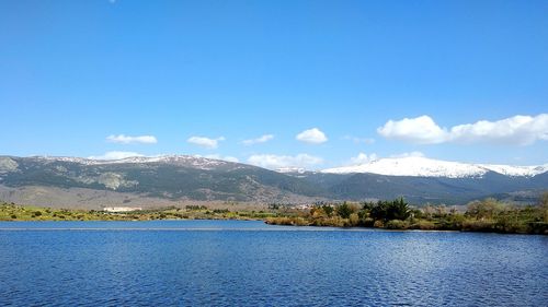 Scenic view of lake against blue sky