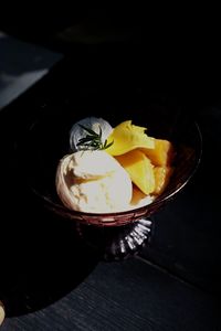 High angle view of ice cream in bowl on table