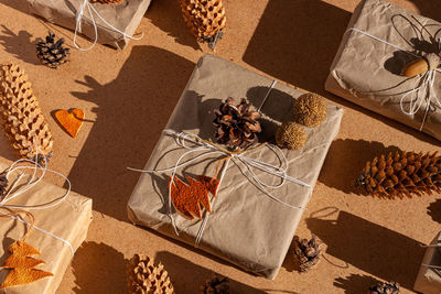 High angle view of christmas decorations on table