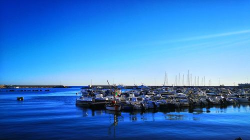 Boats moored at harbor against clear blue sky