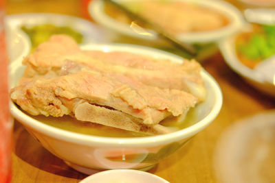 High angle view of meat in plate on table
