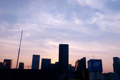 Low angle view of buildings against cloudy sky