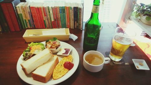 Close-up of breakfast served on table