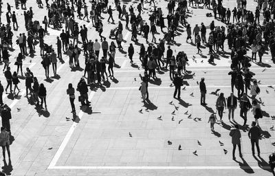 High angle view of people on street