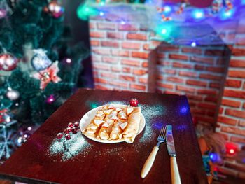 High angle view of cake in plate on table