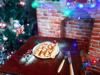 High angle view of cake in plate on table
