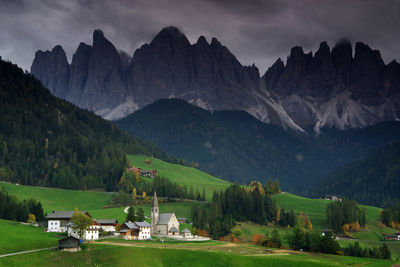 Scenic view of mountains and houses against sky