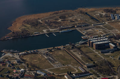 Aerial view of sea amidst landscape