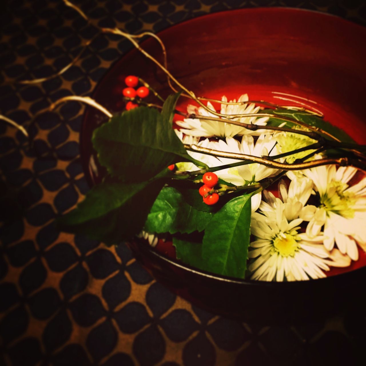 flower, indoors, close-up, leaf, plant, fragility, potted plant, red, freshness, decoration, growth, high angle view, nature, petal, no people, focus on foreground, vase, table, beauty in nature, rose - flower